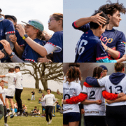 Collage of four photos: top left is Eclipse students in a group hug, top right is two CHOP students hugging, bottom left is CUT students body-slamming in mid-air, and bottom right is Syzygy students in a pre-game huddle.