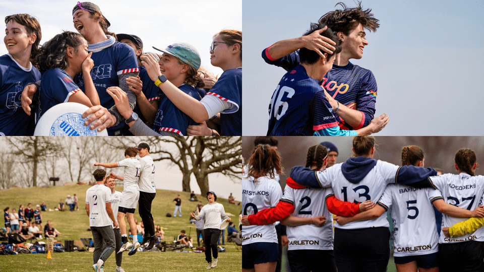 Collage of four photos: top left is Eclipse students in a group hug, top right is two CHOP students hugging, bottom left is CUT students body-slamming in mid-air, and bottom right is Syzygy students in a pre-game huddle.