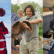 Collage of three photos: Mitch Porter ’25 in a snowy landscape, Jonah Docter-Loeb ’25 holding a beaver skin, and Victoria Semmelhack ’25 laughing while sitting on a bench.