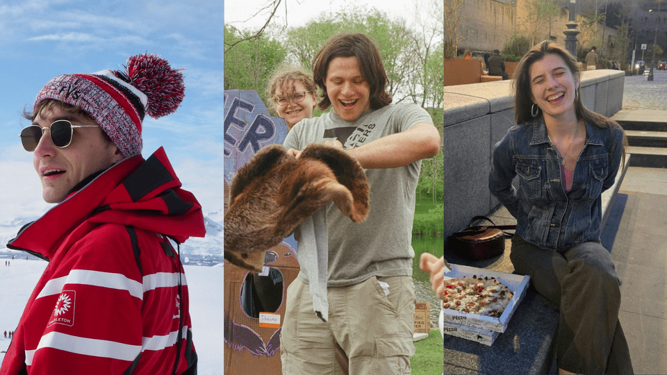 Collage of three photos: Mitch Porter ’25 in a snowy landscape, Jonah Docter-Loeb ’25 holding a beaver skin, and Victoria Semmelhack ’25 laughing while sitting on a bench.