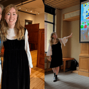 Collage of two photos: Diane Mancini ’94 and Elsa Snowbeck ’25 posing together, and Elsa presenting her comps.