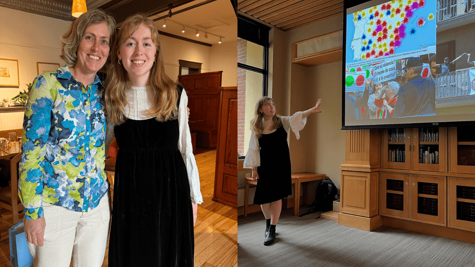 Collage of two photos: Diane Mancini ’94 and Elsa Snowbeck ’25 posing together, and Elsa presenting her comps.