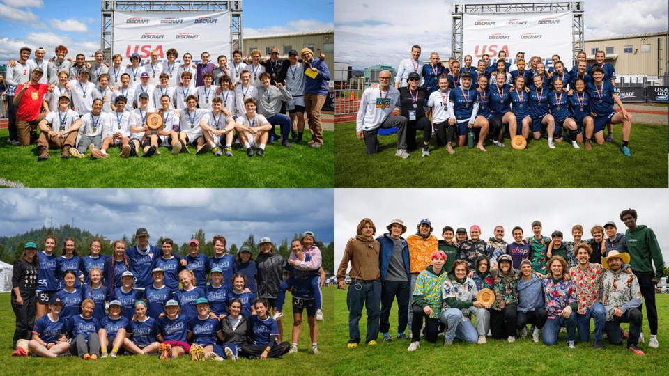 Collage of four Ultimate Frisbee team photos from Nationals 2025: top left is CUT, top right is Syzygy, bottom left is Eclipse, and bottom right is CHOP.