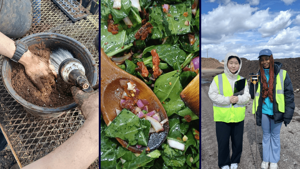 Collage of three photos: A hand digging in a pot of dirt, a close-up of a salad, and two students posing together in high-vis vests.