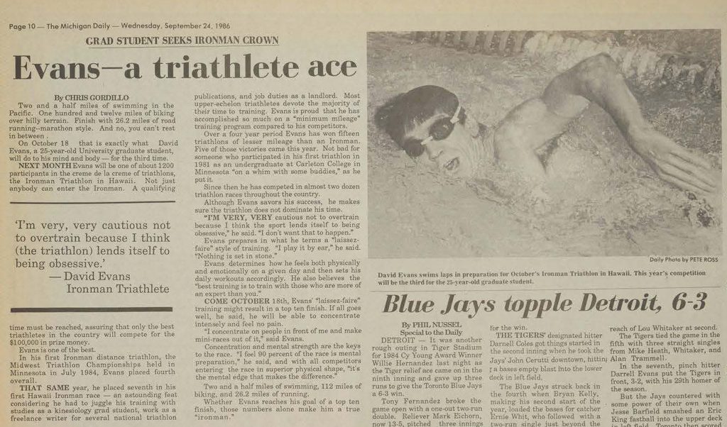 Newspaper article titled, "Evans—a triathlete ace: Grad student seeks Ironman crown."