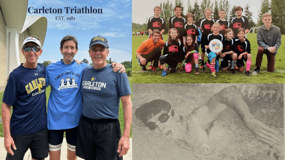 Collage of three photos. The first depicts three people in Carleton shirts smiling at the camera with their arms around each other. The top of the photo has text reading, 