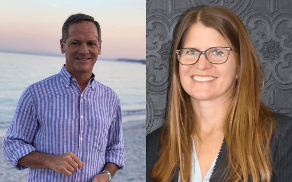 Collage of two photos, John Winter ’85 on the left and Kate Ainsworth Lovrien ’96 on the right.