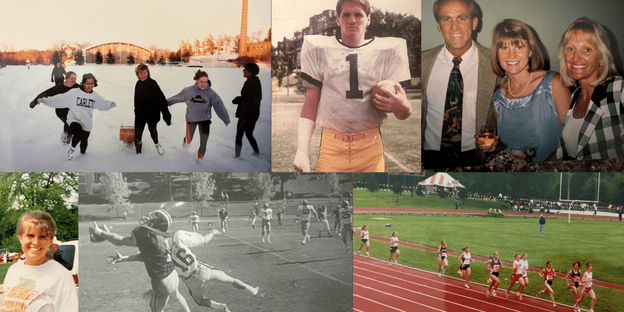 Collage of six photos, alternating between football and track/cross-country.