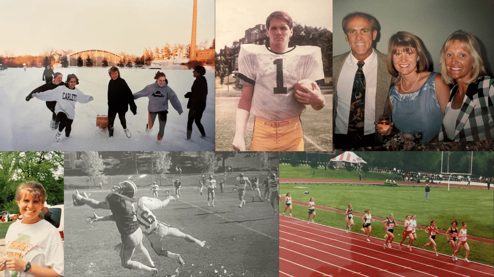 Collage of six photos, alternating between football and track/cross-country.