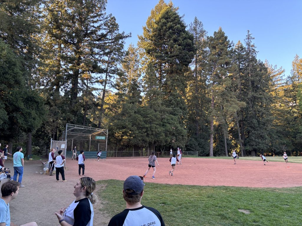 A group of people are laughing, talking, and playing at a softball field in a wooded area.