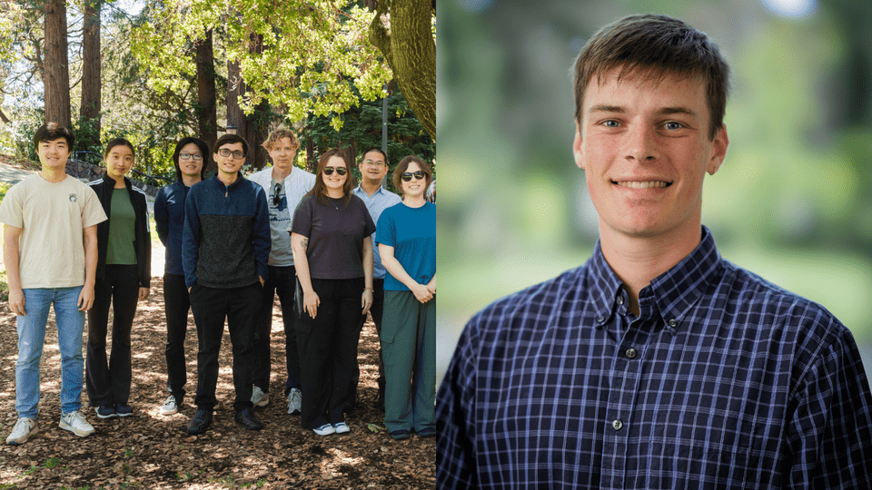 Collage of two photos: a group of people standing in a forested area, and a headshot of Fin Fuhrmann ’26.
