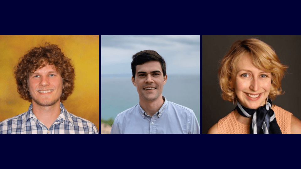 Headshots of three professors collaged onto a dark blue background.