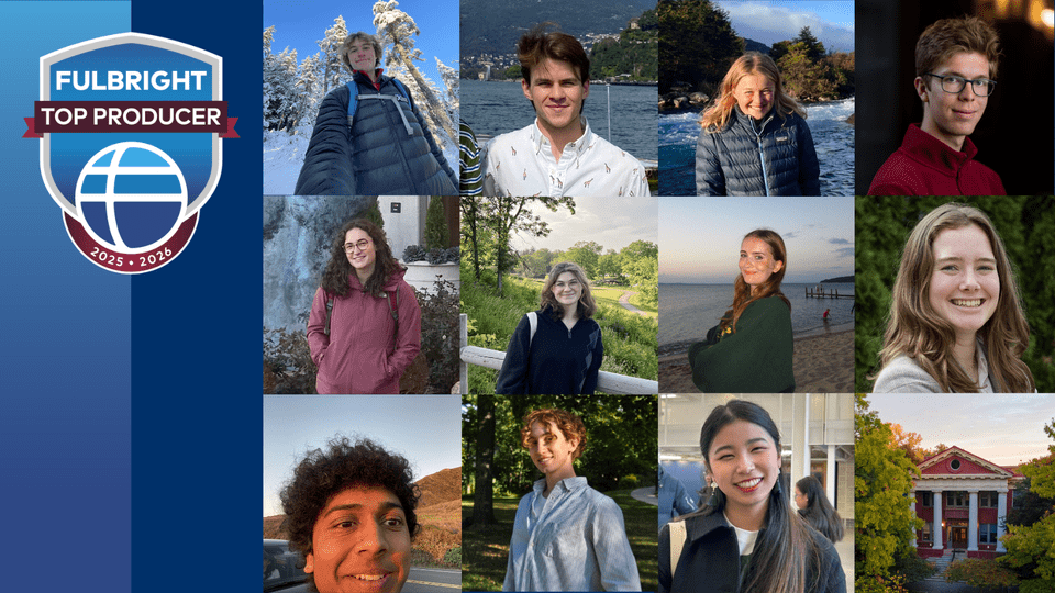 Collage of 11 student headshots and a photo of Laird Hall on a blue background, with a badge on the left side reading, 