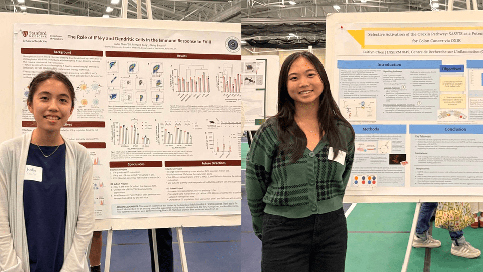 Collage of two photos: Jodie Chan '28 and Kaitlyn Chen '26 standing in front of their research posters.
