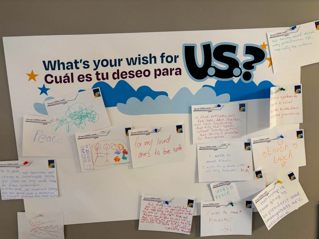 Post cards on a Wish Wall poster describing hopes for the future.