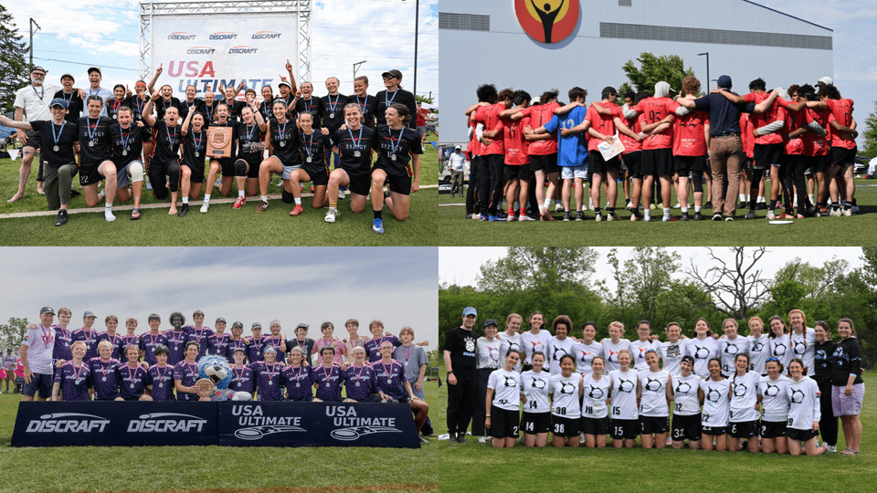 Collage of four team photos from each of Carleton's D-I and D-III Ultimate Frisbee teams.