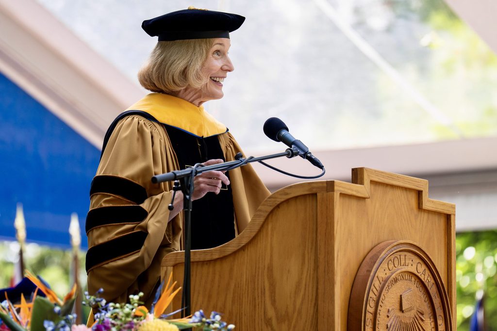Jennifer Pietenpol addresses the crowd during Carleton's 2026 Commencement.