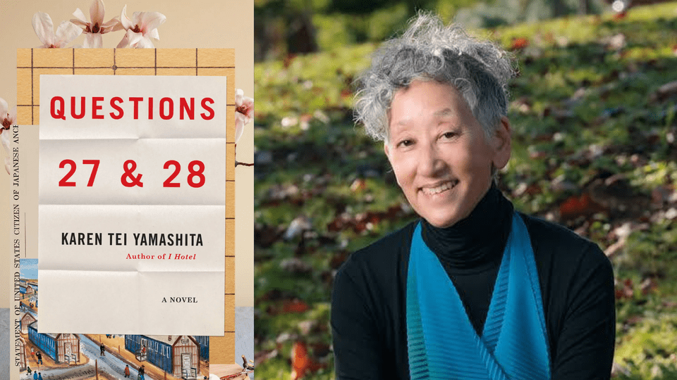 Headshot of Karen Tei Yamashita next to the cover of her novel, 