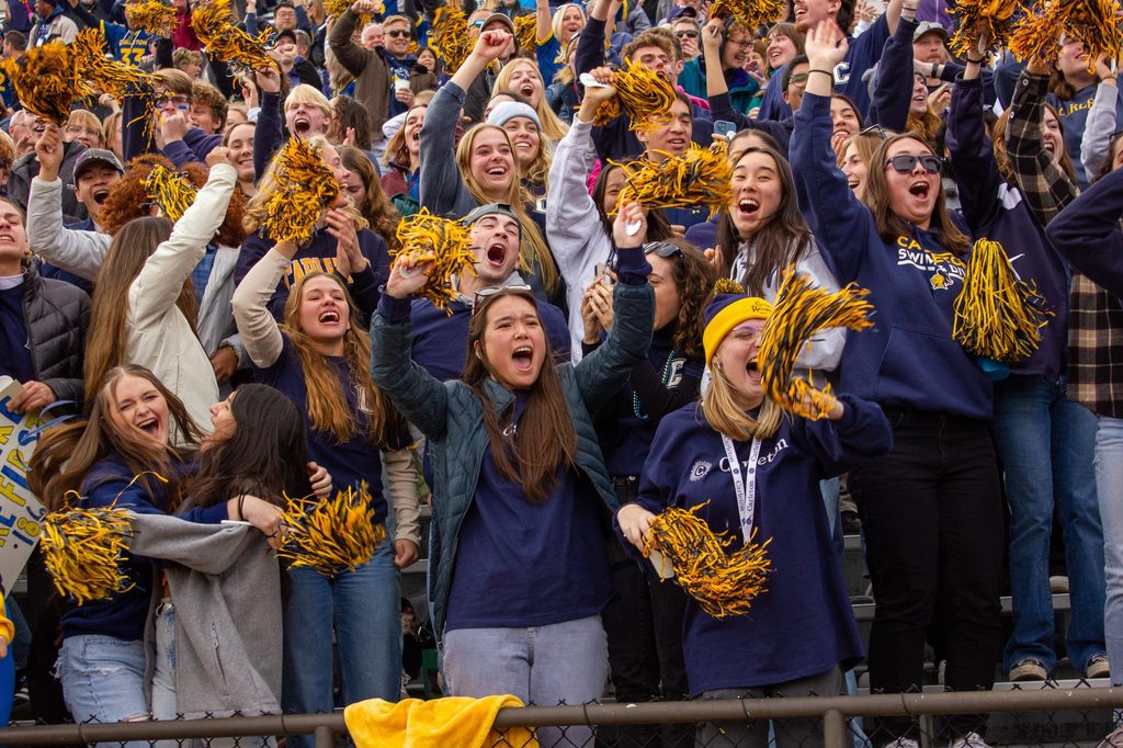 Students cheer in the stands at a Homecoming football game.