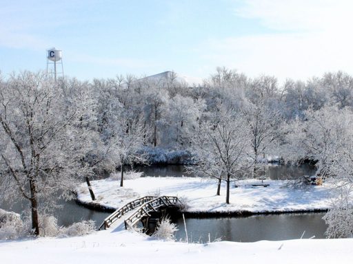 Bridge across Lyman lakes in winter