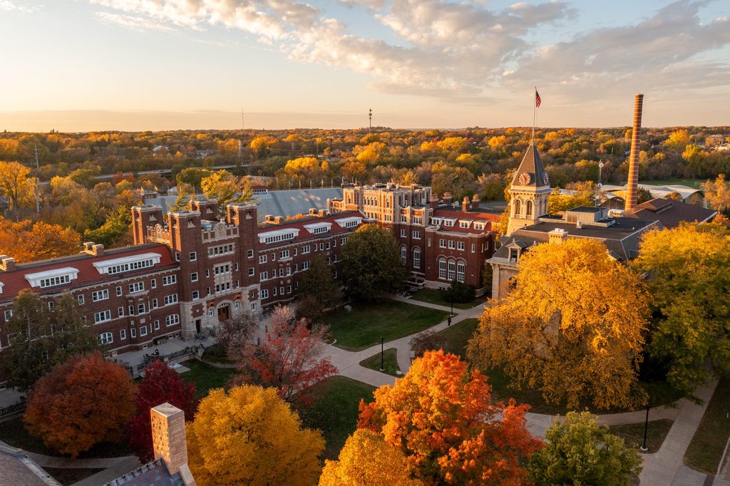 aerial view of Burton Hall in the fall