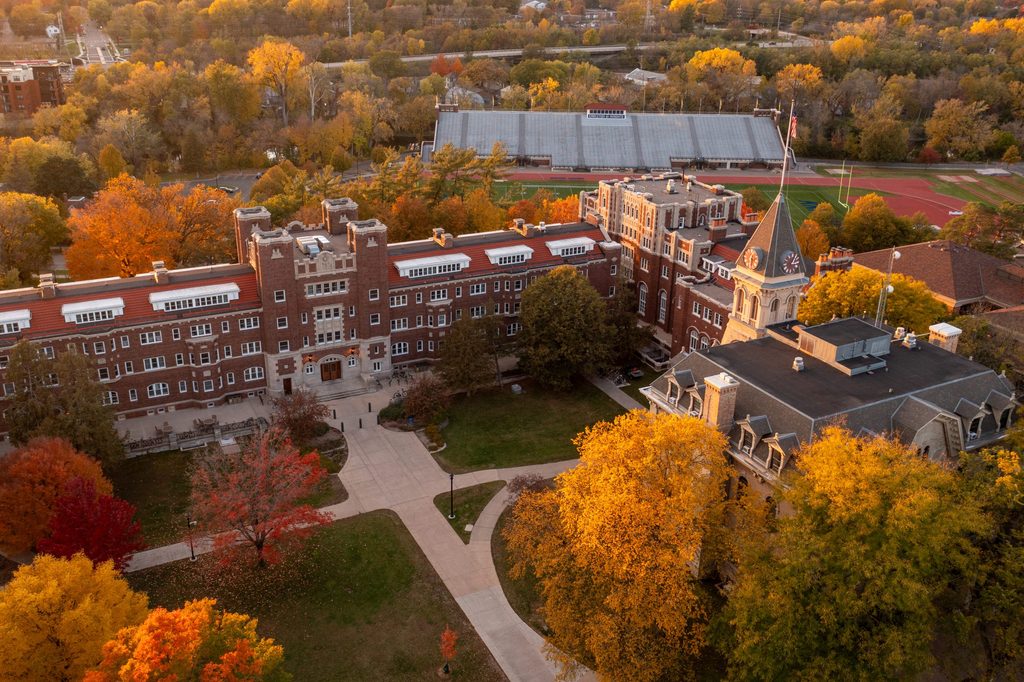 aerial view of Burton and Willis Hall in the fall