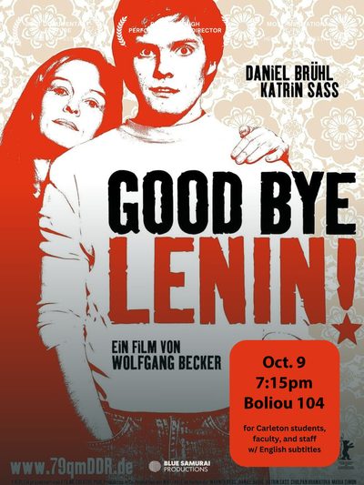 male protagonist in front, female protagonist in back leaning on his shoulder, title goodbye lenin