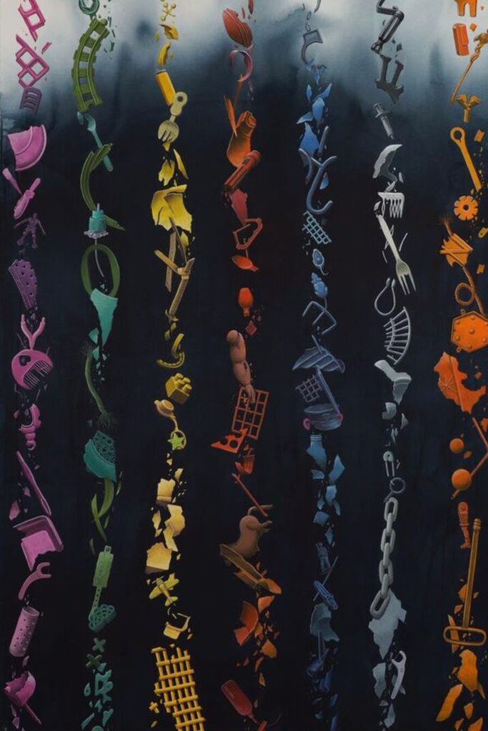 Painting of colorful plastic trash, arranged in rows of different colors