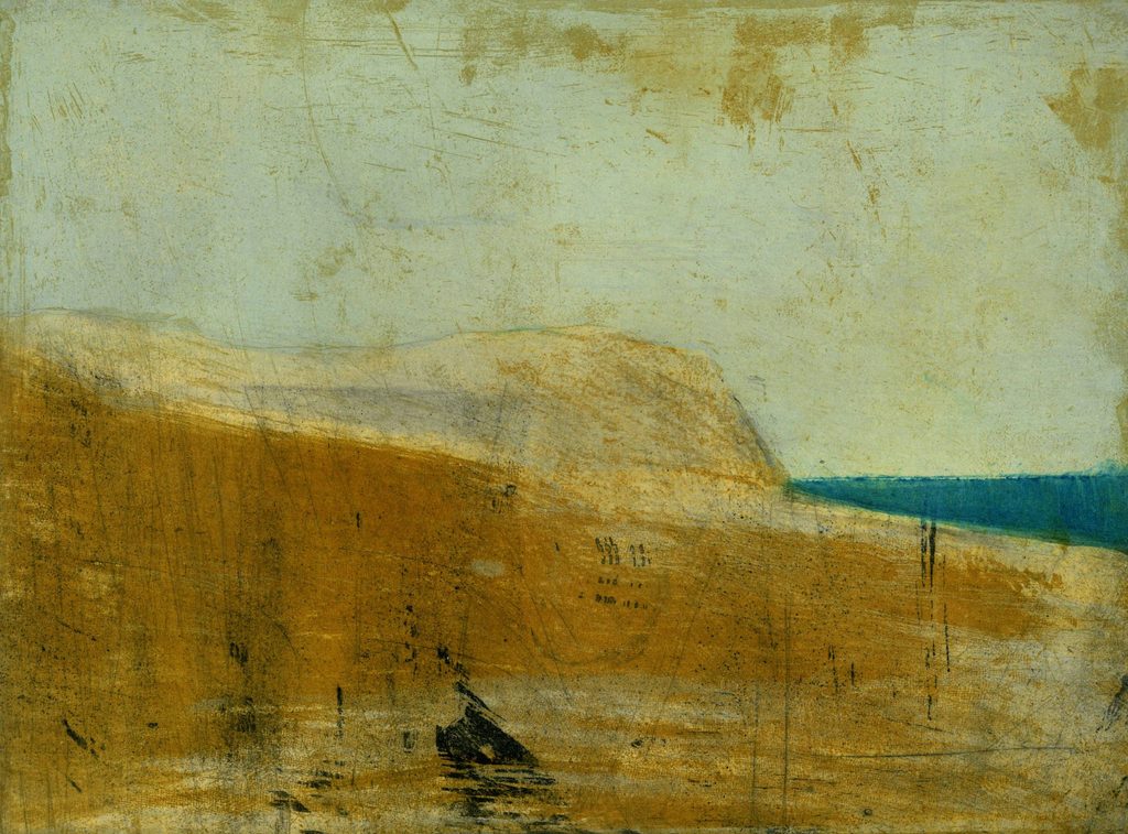 Abstract intaglio print suggesting a seaside landscape, with colors of gold, sand, and blue