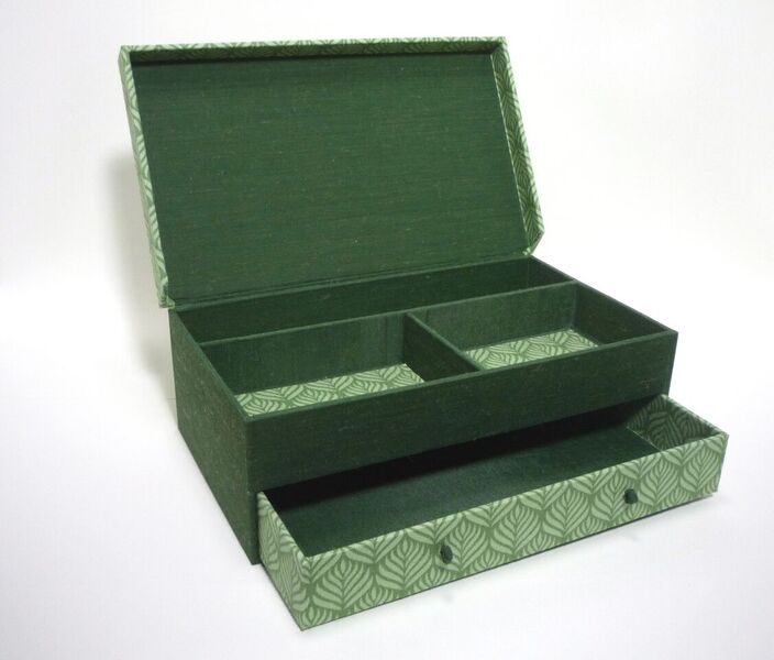 Decorative jewelry box covered in green patterned fabric