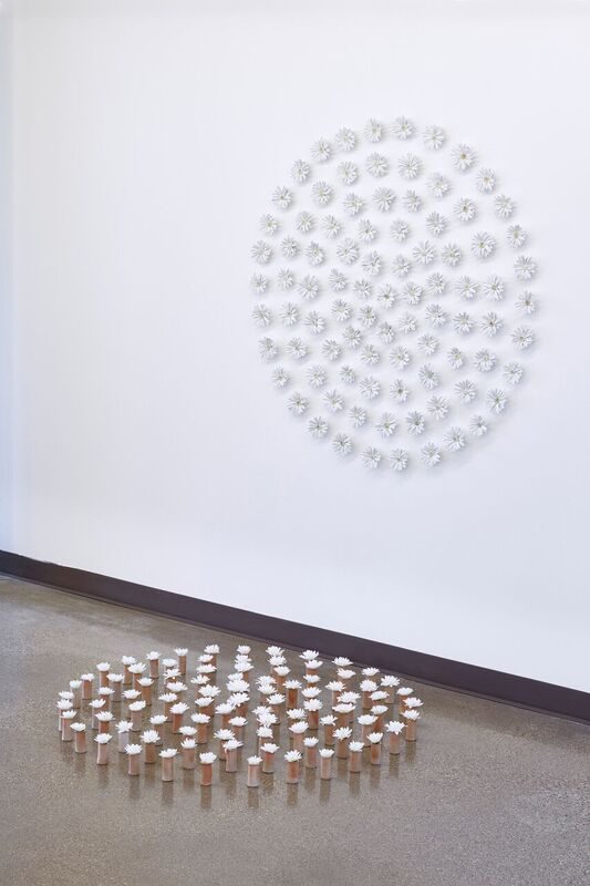 A group of daisies in vases arranged in a circle on the floor with a group of ceramic daisies arranged in a similar circle on the wall beside them
