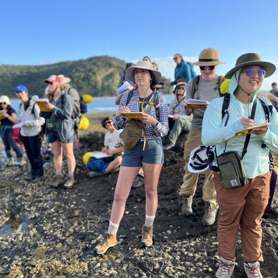 students with notebooks studying New Zealand rocks