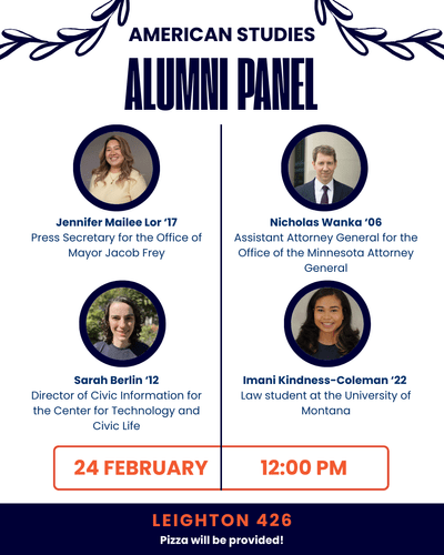 A poster for the American Studies Alumni Panel