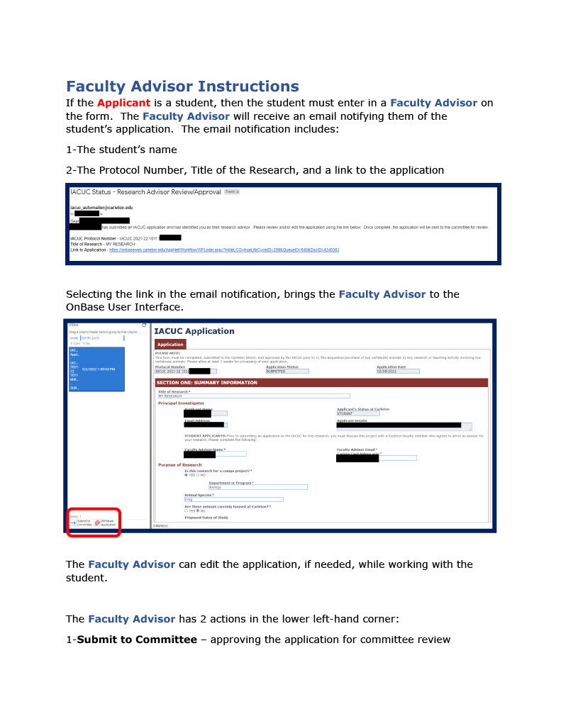 Faculty advisor instruction screenshot for the IACUC application showing guidance on advisor responsibilities, review steps, and submission requirements within the protocol review system.