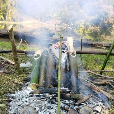 cooking fish in bamboo fire