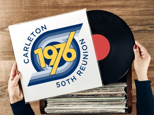 Record being pulled out of a sleeve that has the class of 76 50th Reunion logo on it