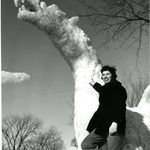 Knight and dragon snow sculpture, 1960. Student is Carole Pushing '61.