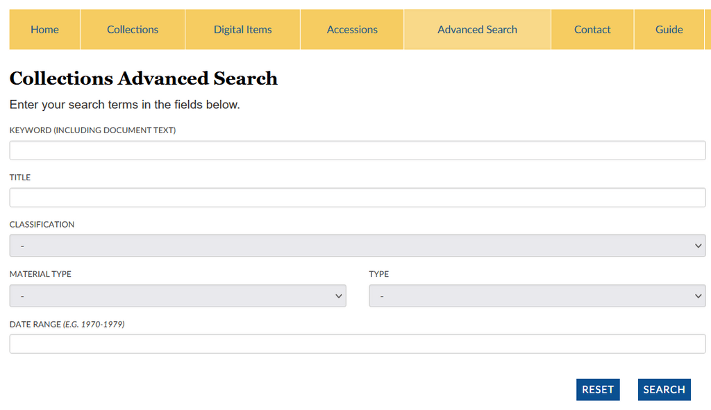 Advanced search screen, with search boxes for Keyword (including document text), Title, Classification, Material Type, Type, and Date Range. Two buttons at the bottom read "Reset" and "Search"