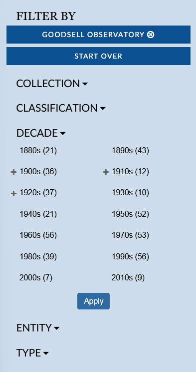 A screenshot of the filter panel, showing filter options available following a search for "Goodsell Observatory". "1900s", "1910s", and "1920s" filters are selected, with a plus icon next to each. An "Apply" button appears at the bottom of the list of decades
