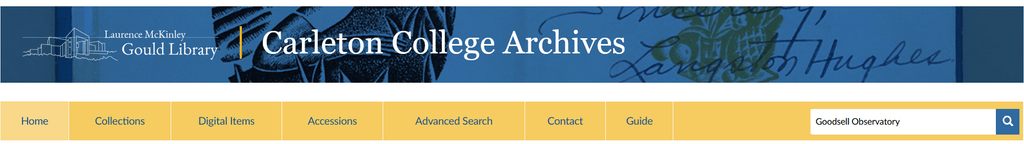 Global menu bar with search bar on the right side. "Goodsell Observatory" has been entered as an example search term