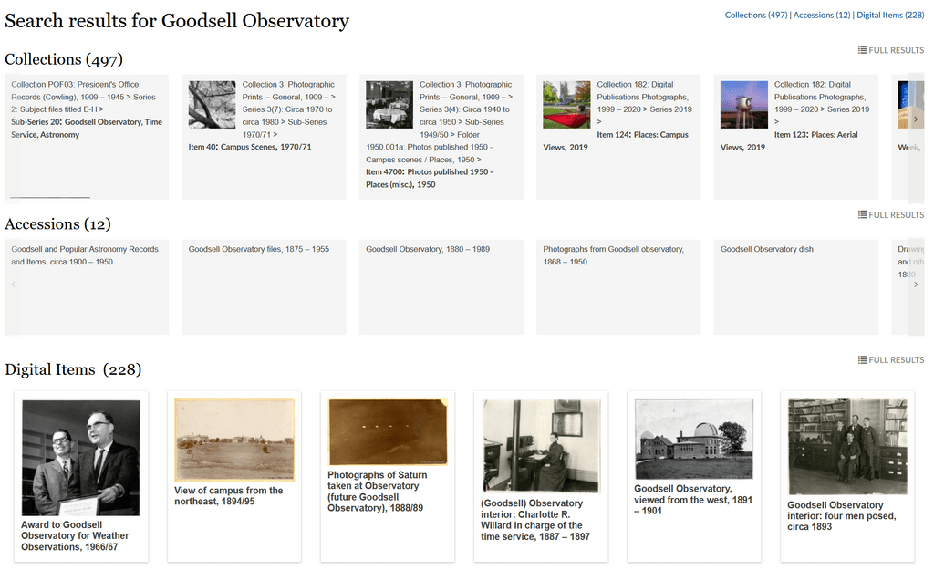 Search results for "Goodsell Observatory", with results divided into Collections, Accessions, and Digital Items