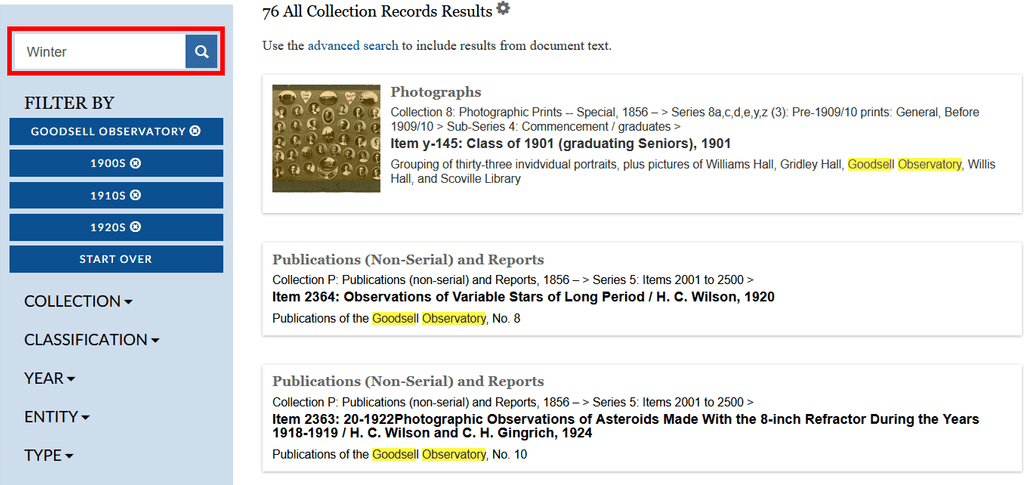A screenshot of the search panel, with "Winter" entered in the "Search within" box above the filters that have already been applied
