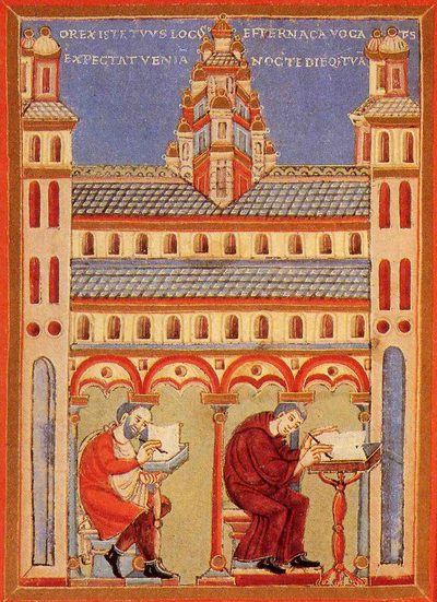 a medieval illustration of a monk and a lay person making books