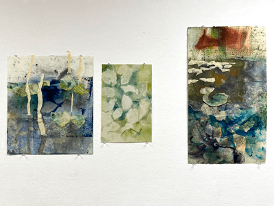 an image of three artworks in soft colors representing abstracted scenes from nature