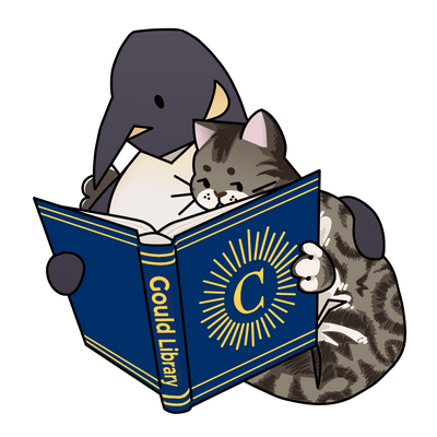 Oscar the Penguin and Toff the Cat sit together reading a book about Carleton