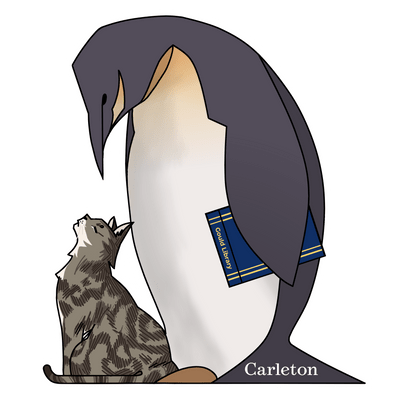 Oscar the Penguin holds a book about Carleton under his wing and looks down at Toff the Cat looking up at Oscar