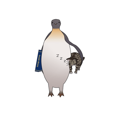 An image of a emperor penguin with a tabby cat sleeping under one flipper and a gook that says Gould Library on the spine under the other flipper