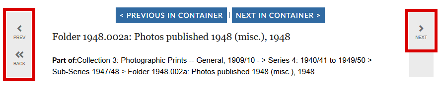 A screenshot of the top of a record page, with "prev" and "back" buttons to the left of the title and a "next" button to the right.