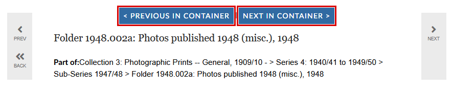 A screenshot of the top of a record page, with "Previous in container" and "Next in container" buttons above the title.