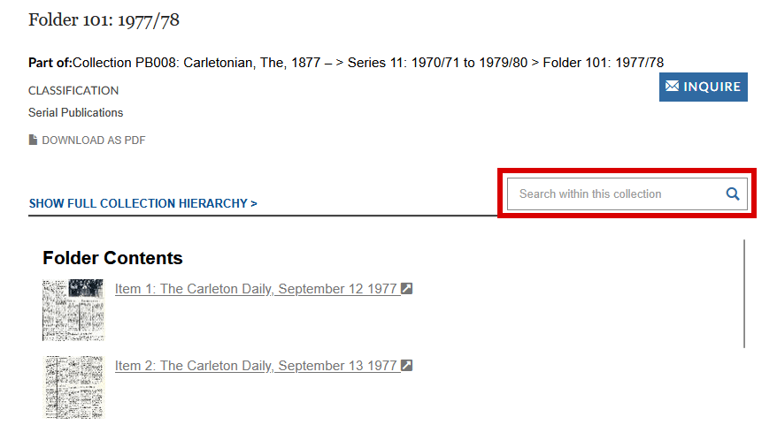 A screenshot of a folder record, with the "Search within this collection" box displayed above a list of items in the folder.